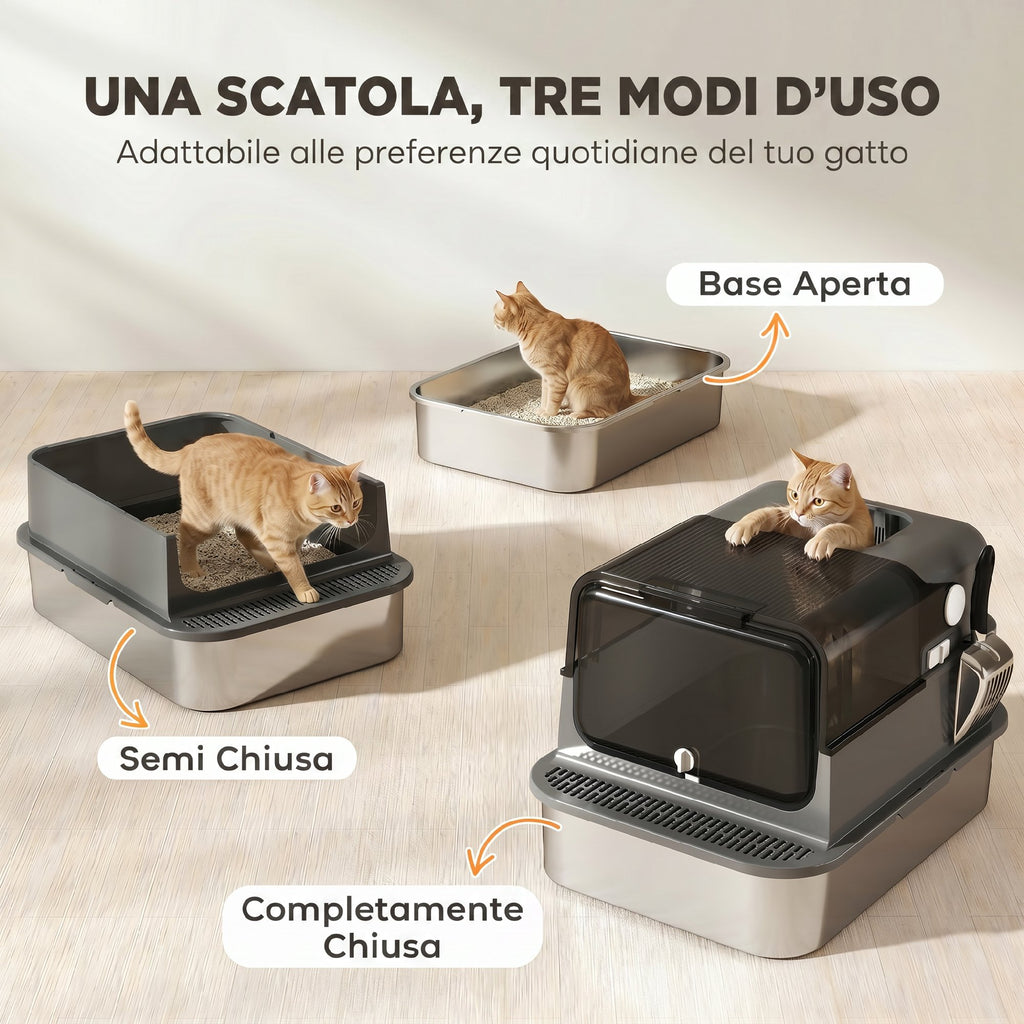 PawHut 52L Stainless Steel Enclosed Cat Litter Box with Flip Lid, Double Door, Scoop, Black