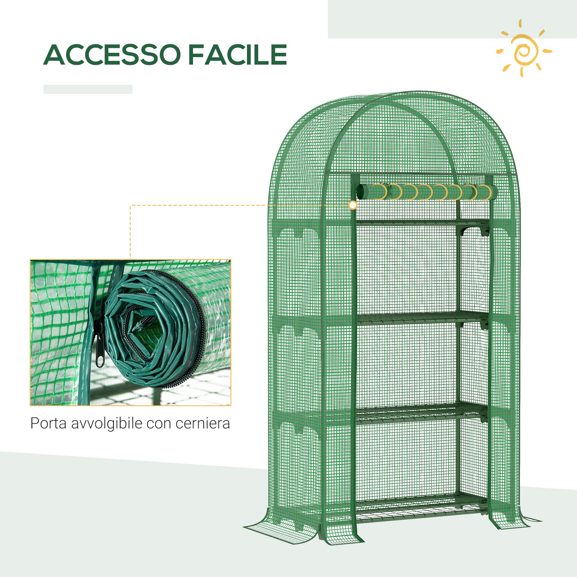 Outsunny Garden Greenhouse with Metal Shelves, PE Cover and Roll-Up Door 80x49x160cm, Green