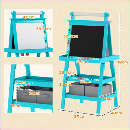 Children's Blackboard with Easel 3 in 1, Paper Roll and 2 Containers, Wooden, 59x48x118 cm, Blue