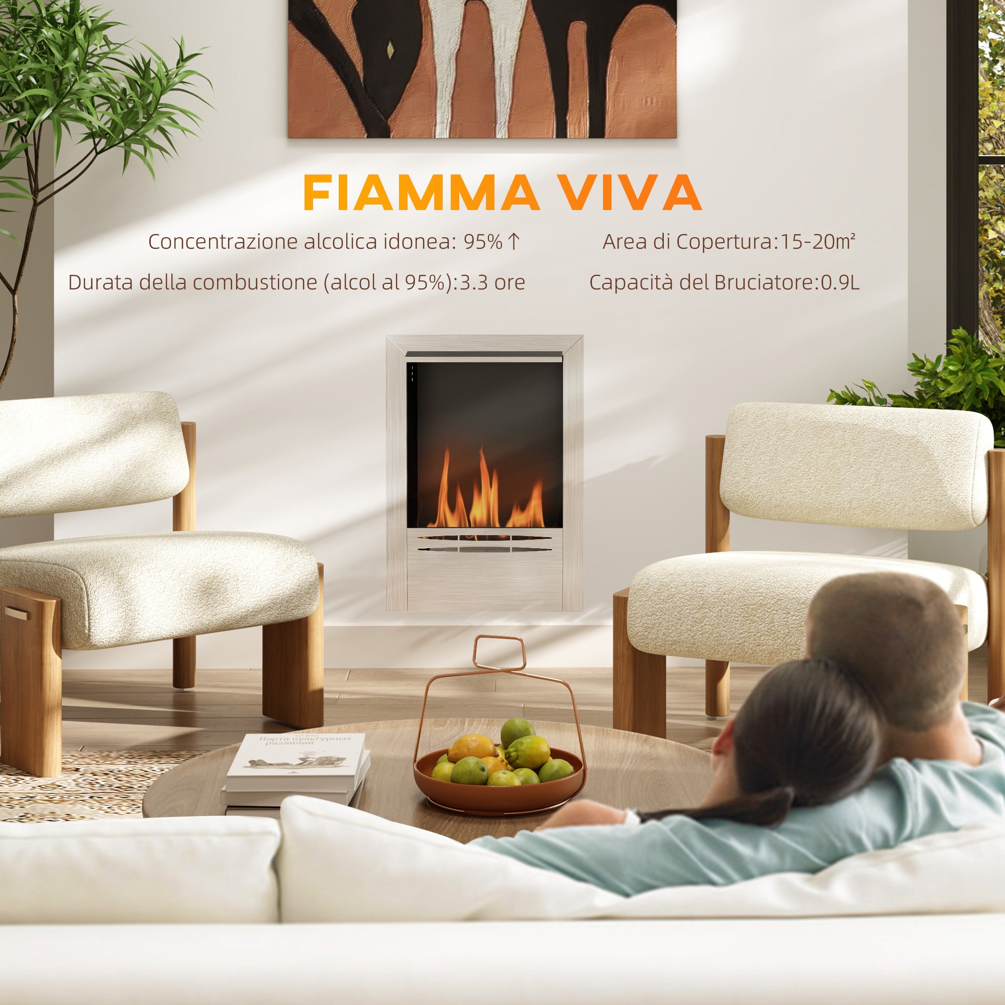 Built-in Bioethanol Fireplace in Steel, 0.9L Capacity and 3.3 Hours Duration, 48x18x59 cm, Silver