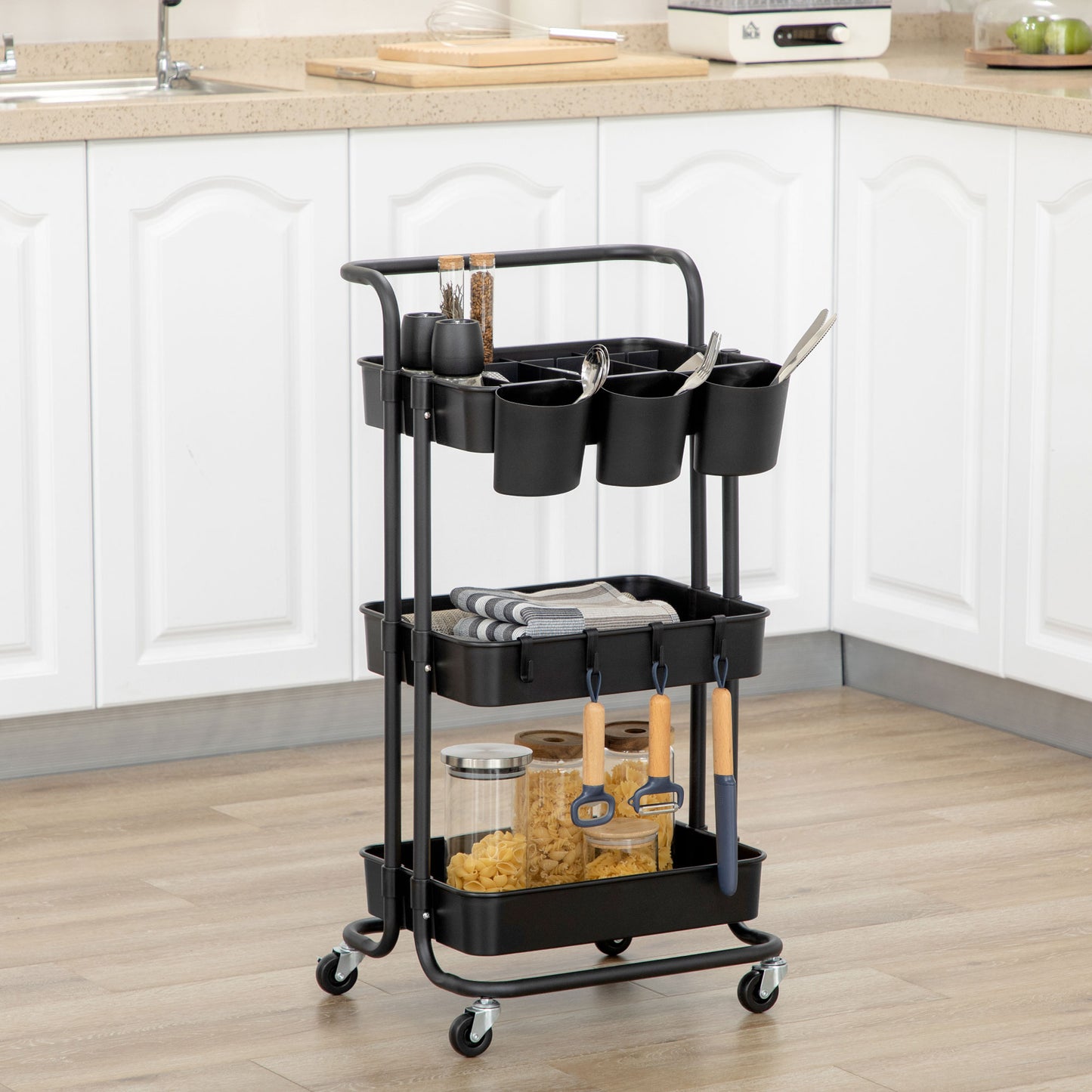 Multipurpose Kitchen Cart with Removable Baskets and Hooks, Shelf with 12 Dividers, Black