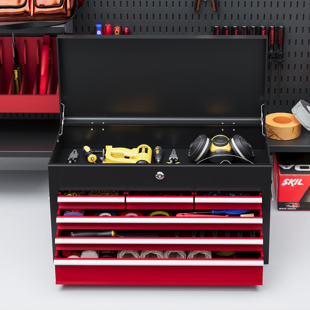 Tool Box with 6 Drawers in Steel with Lock, 60x26x34cm, Black and Red