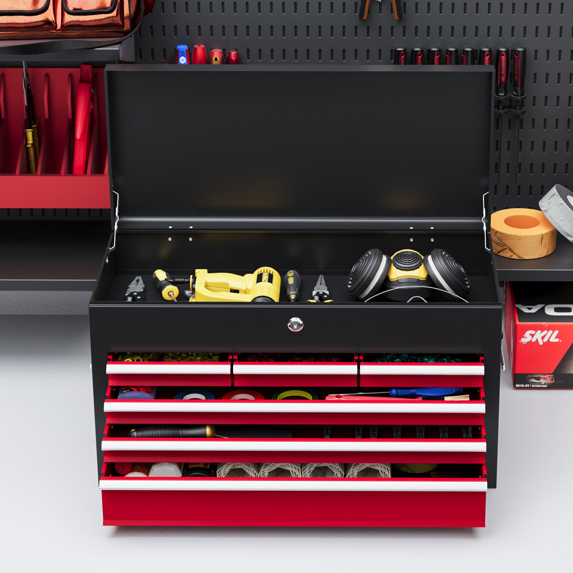 Tool Box with 6 Drawers in Steel with Lock, 60x26x34cm, Black and Red