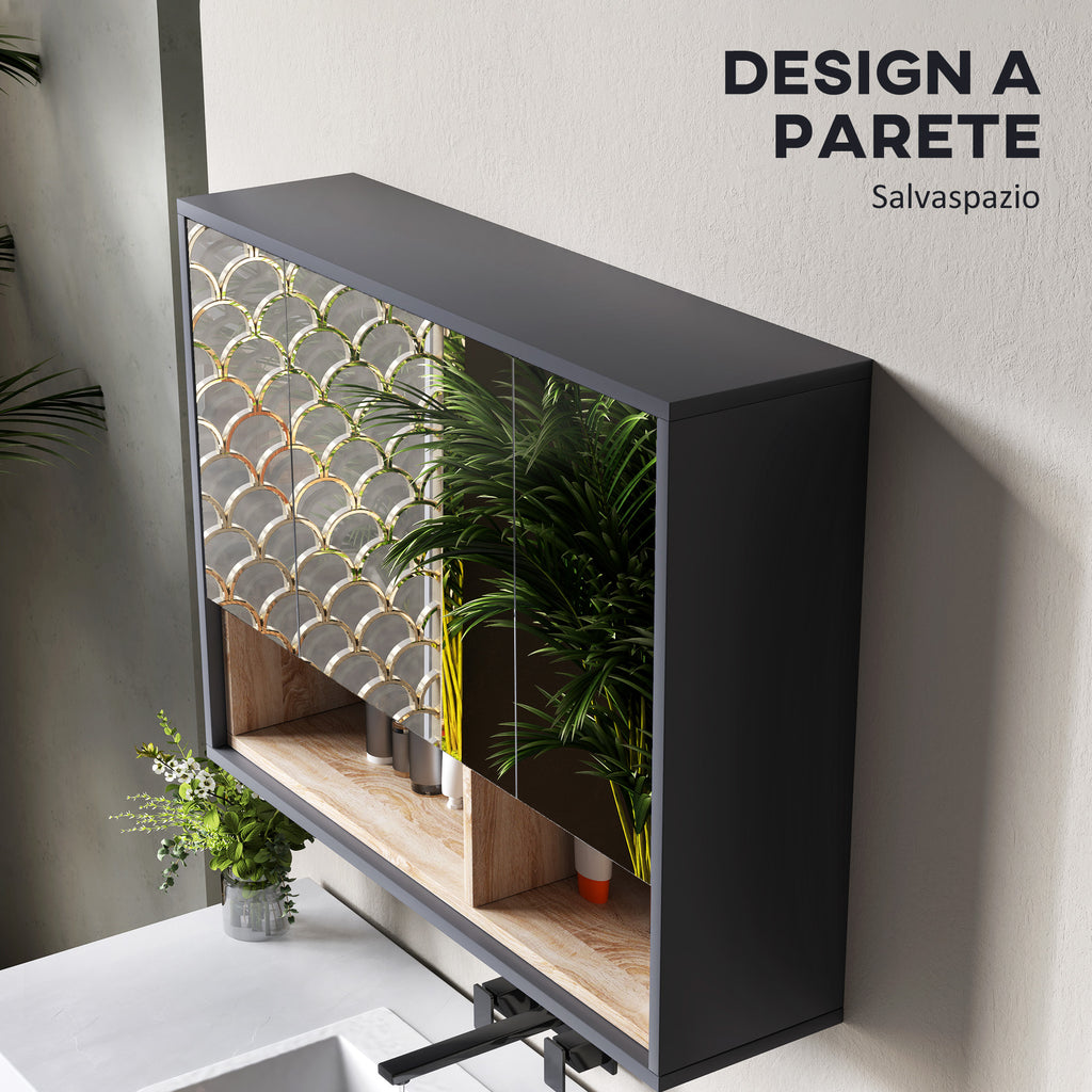 Bathroom Mirror 3-Door with 8-Compartment Cabinet and Soft-Cushioned Doors, 80x20x60 cm, Grey
