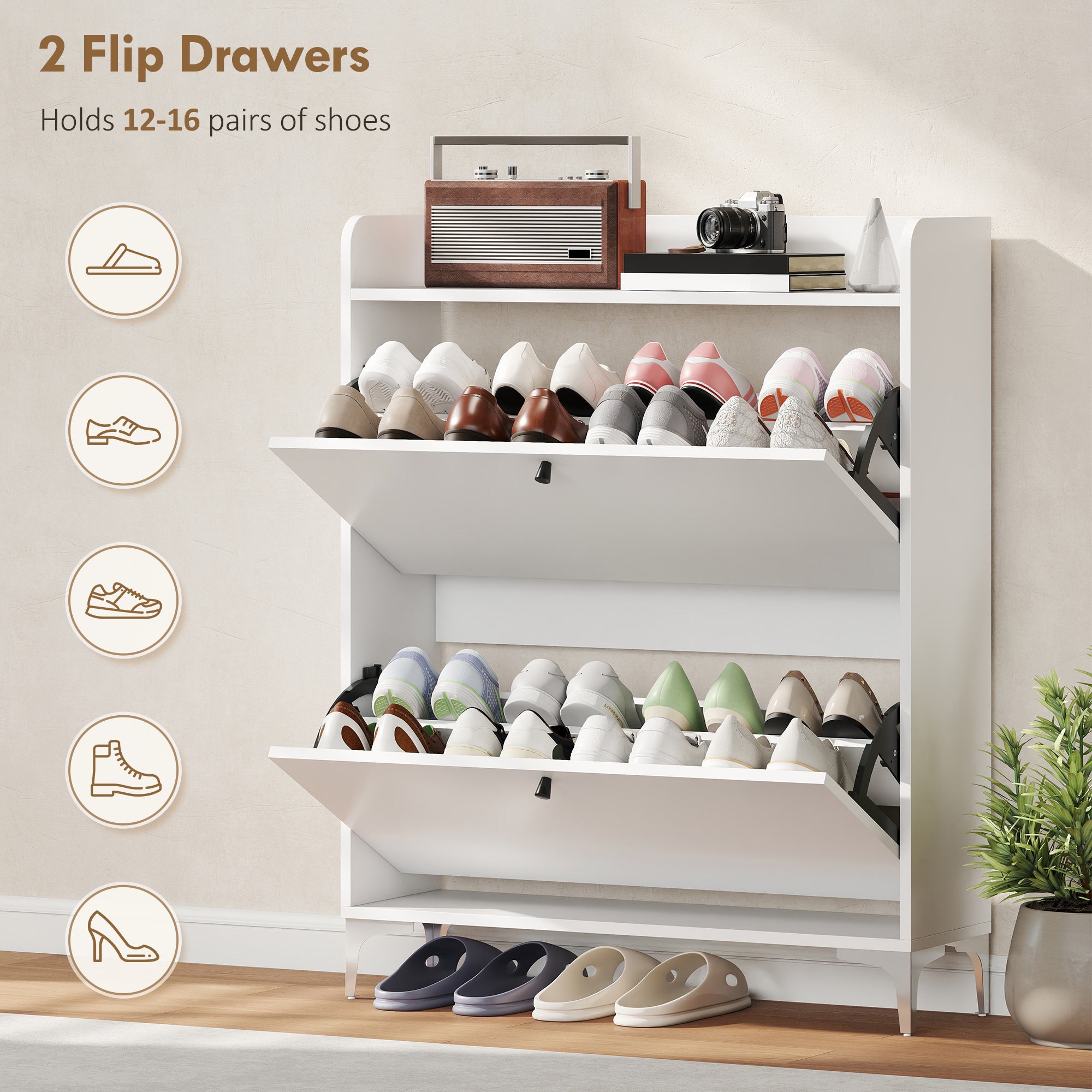 Slim Shoe Rack with 2 Flap Drawers and Adjustable Shelves, Made of Wood and Metal, 80x24x101 cm, White