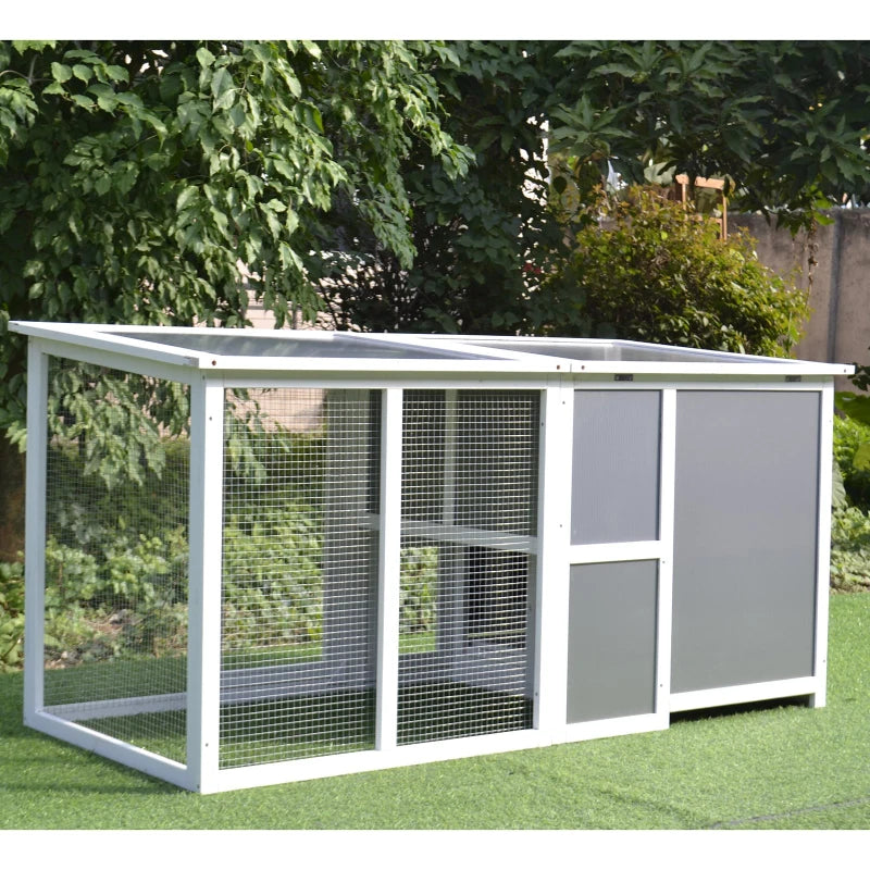 Wood Chicken Coop Hutch Hen House Cage PC Roof w/ Run Nest Box Deluxe 160 x 75 x 80 cm, Grey and white - Borgè