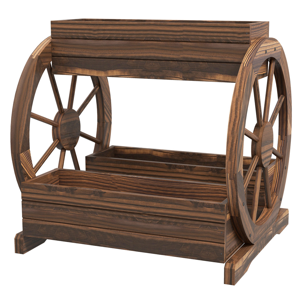 Outsunny Wooden Wood Fioriera at 2 levels with 3 vases and Country -style wagon wheels, 64x54x60cm - Borgè