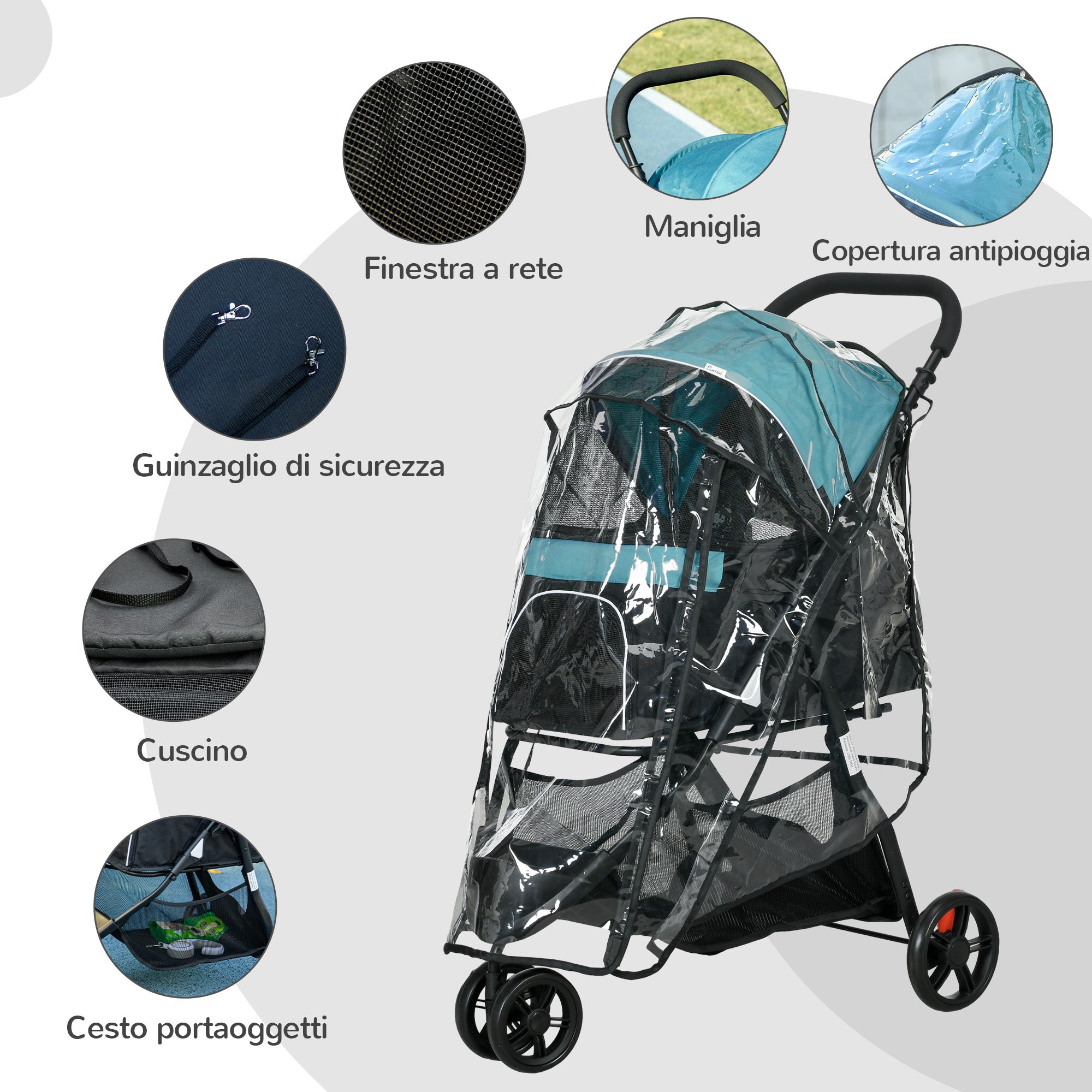 3-Wheel Folding Small Dog Stroller with Rain Cover and Basket, Dark Green