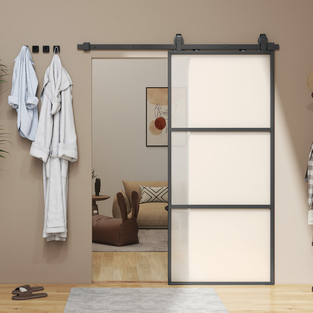 HOMCOM External Sliding Door 91.4x203.2cm in Satin Glass, Soft-close System, Industrial Style, Waterproof