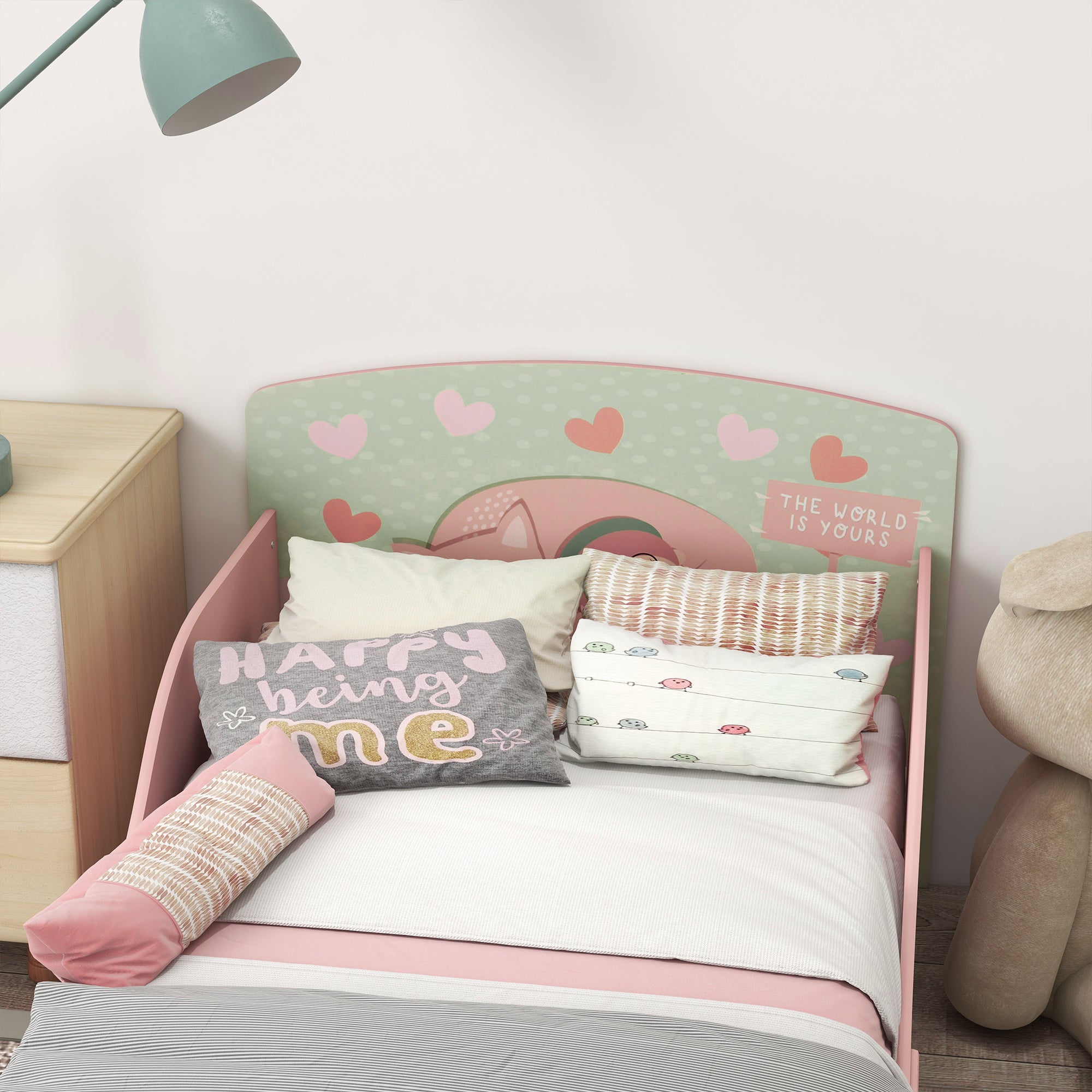 Children's Bed for 3-6 Years with Raised Edges, Slats and Animal Print, 140x70 cm, Pink