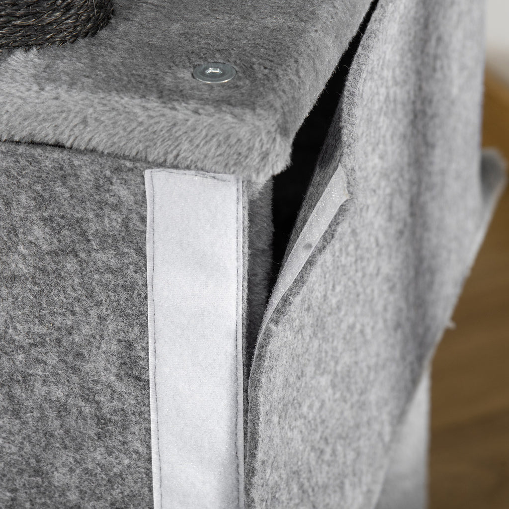 Cat Scratching Tree with Pole, House, Bed, Hammock and 2 Wooden and Plush Toys, 48x48x107 cm, Grey