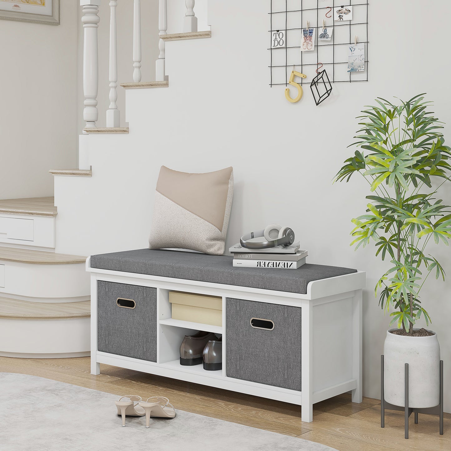 HOMCOM Shoe Bench with 3-Level Adjustable Shelf and 2 Drawers, in Chipboard, 105x35x47 cm, White and Gray - Borgè