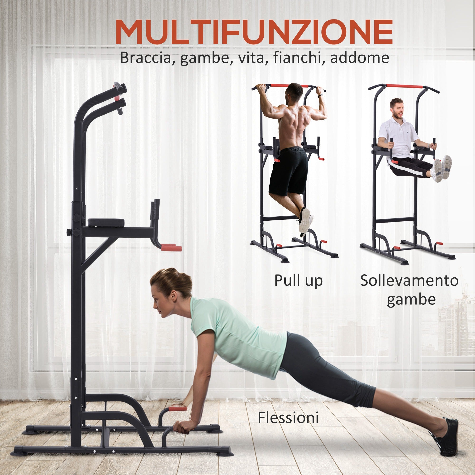 Power Tower Pull-Up Bar Multifunctional Fitness Station Adjustable 189-239cm Steel Black Red