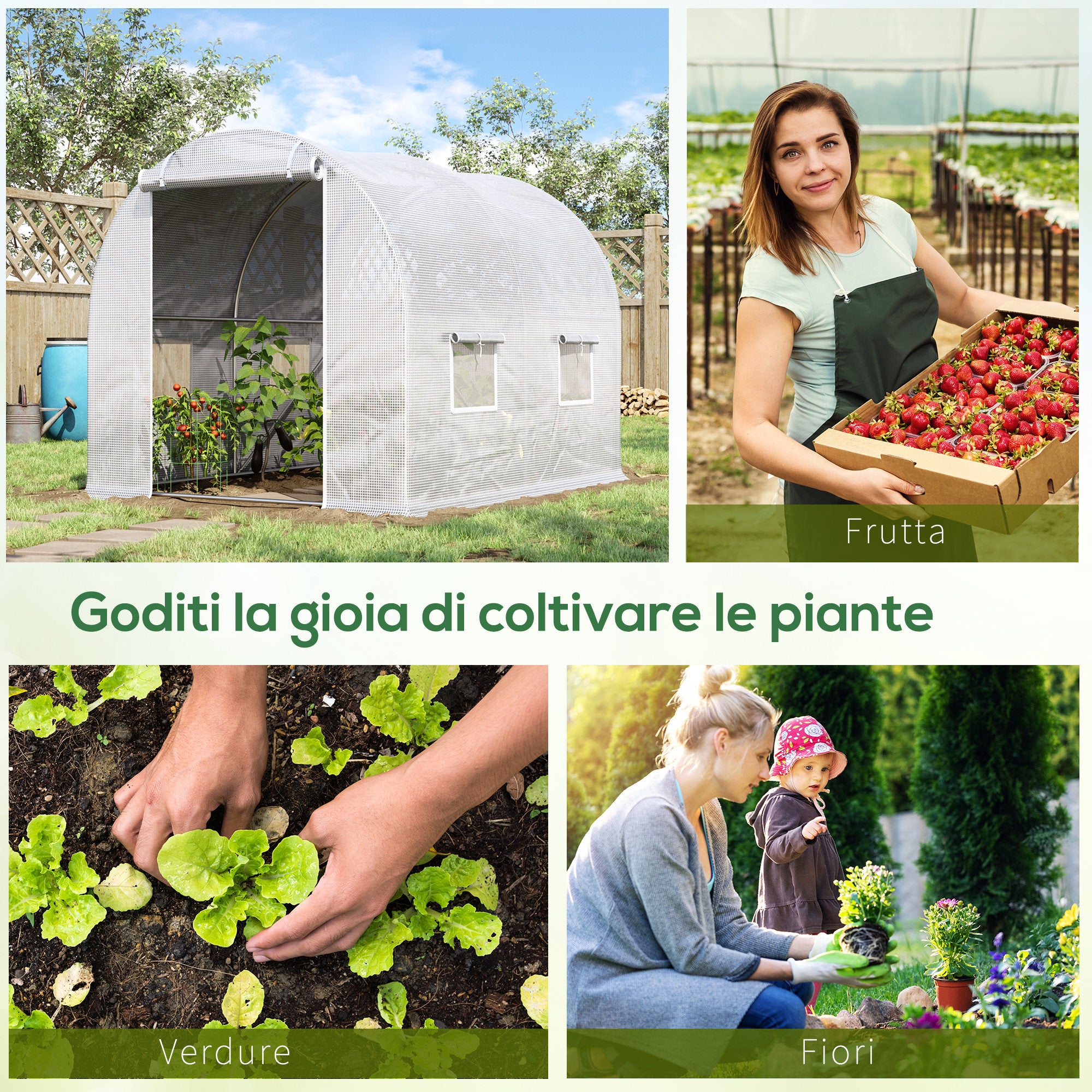 Tunnel Greenhouse with 4 Windows and Zip Entrance in Galvanized Steel and PE, 3x2x1.9 m, White