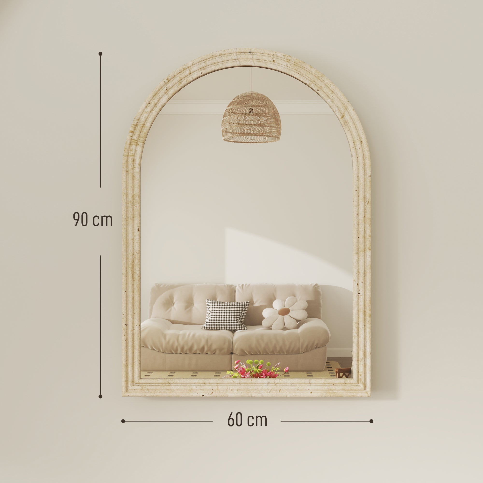 Arched Wall Mirror with Fluted Edge and Hooks, Glass and Polystyrene, 60x2x90 cm, Beige