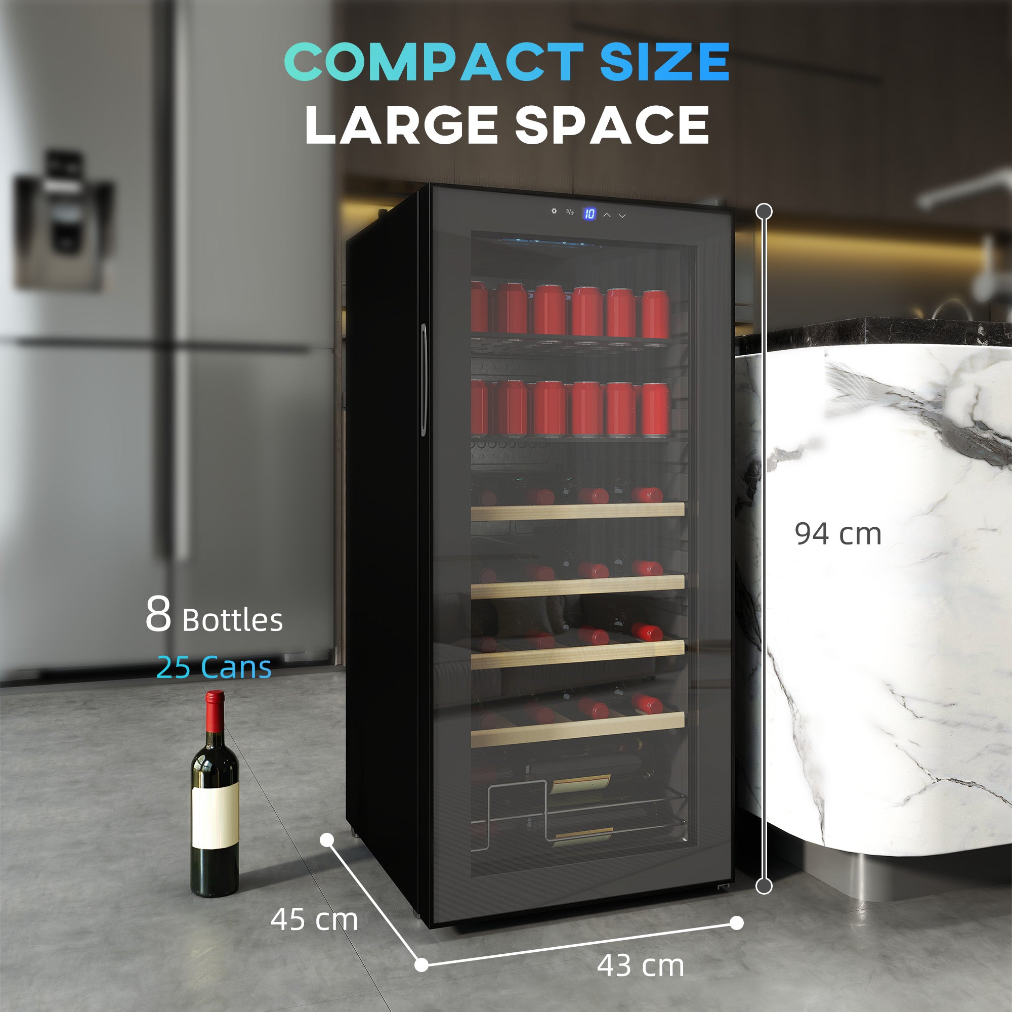 HOMCOM 92L Wine Refrigerator with Adjustable Shelves for 20 Bottles and 50 Cans, 43x45x94 cm, Black