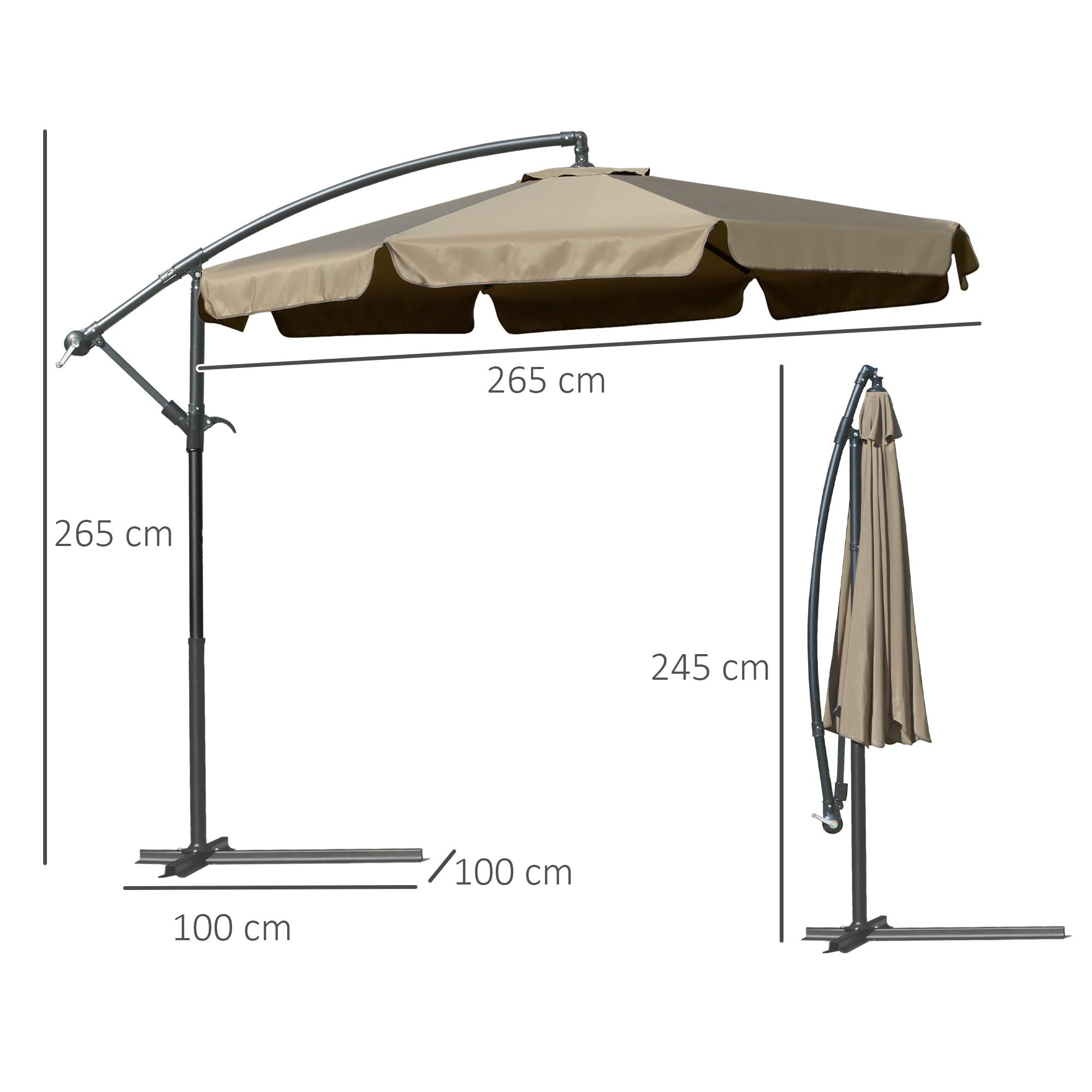 Garden Umbrella with Crank Opening in Metal and Polyester, Ø2.7x2.7 m, Coffee