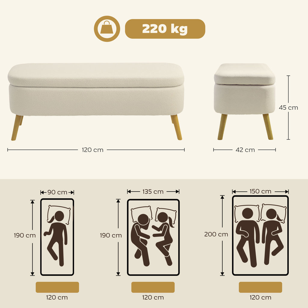 65L Storage Bench in Teddy Fabric and Wooden Legs, 120x42x45 cm, Beige