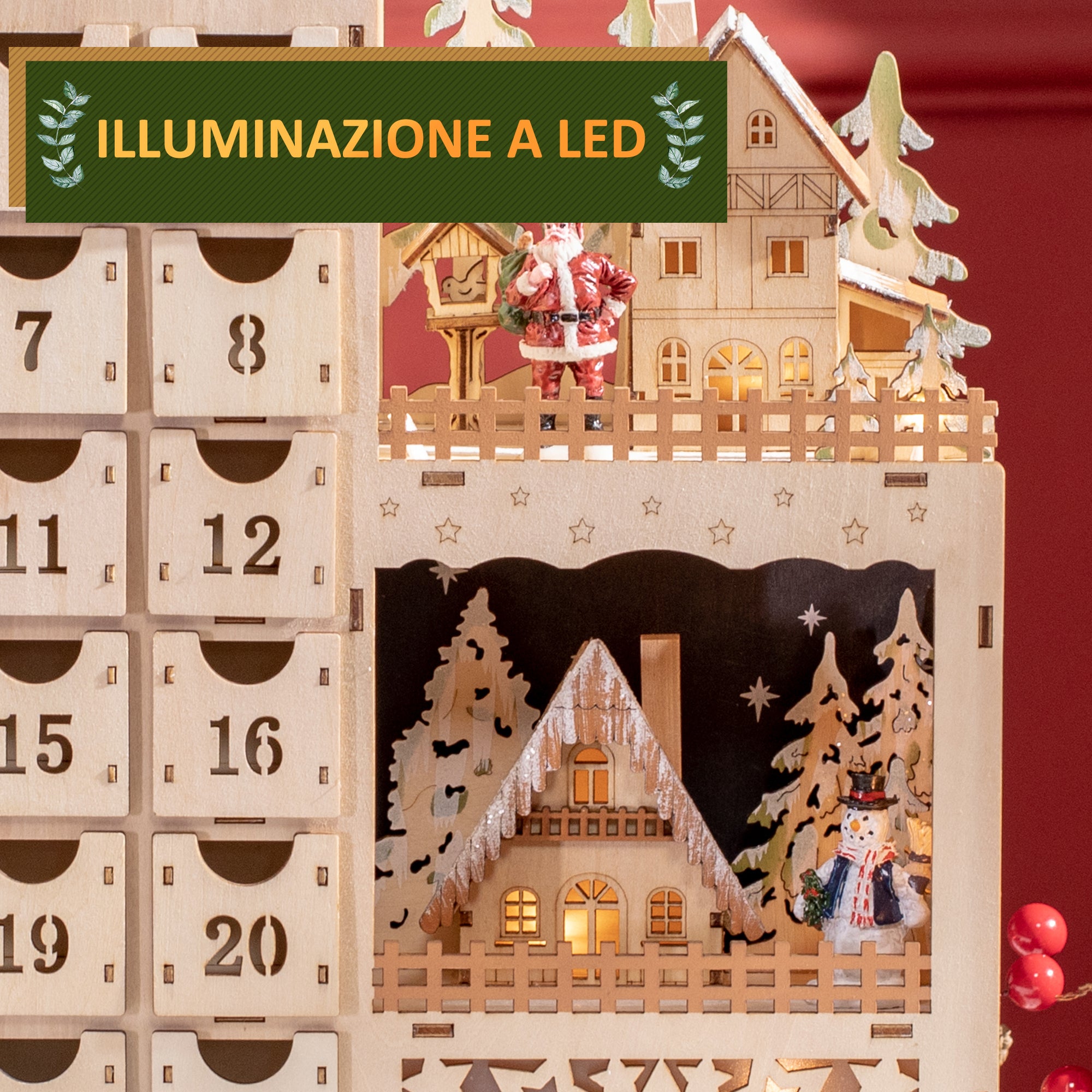 Rectangular Christmas Advent Calendar with Themed Patterns and 12 LED Lights, 22x9x30 cm, Plywood, Orange