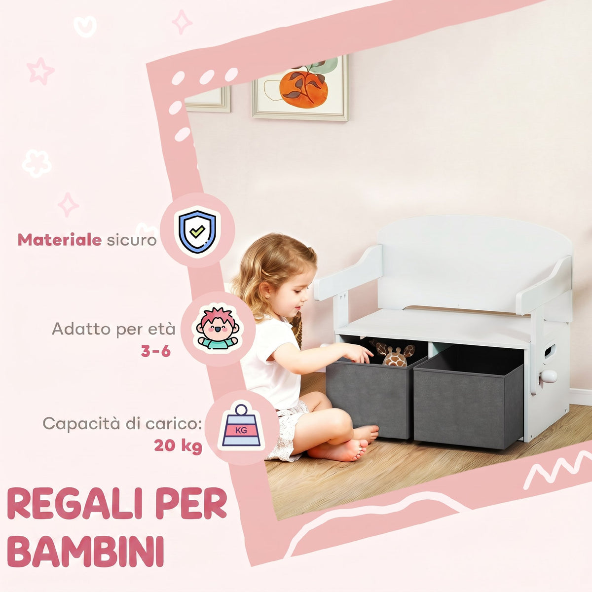 AIYAPLAY 3 in 1 Toy Bench for Children Ages 3-6, Convertible to Table and Chair with 2 Storage Bins, White