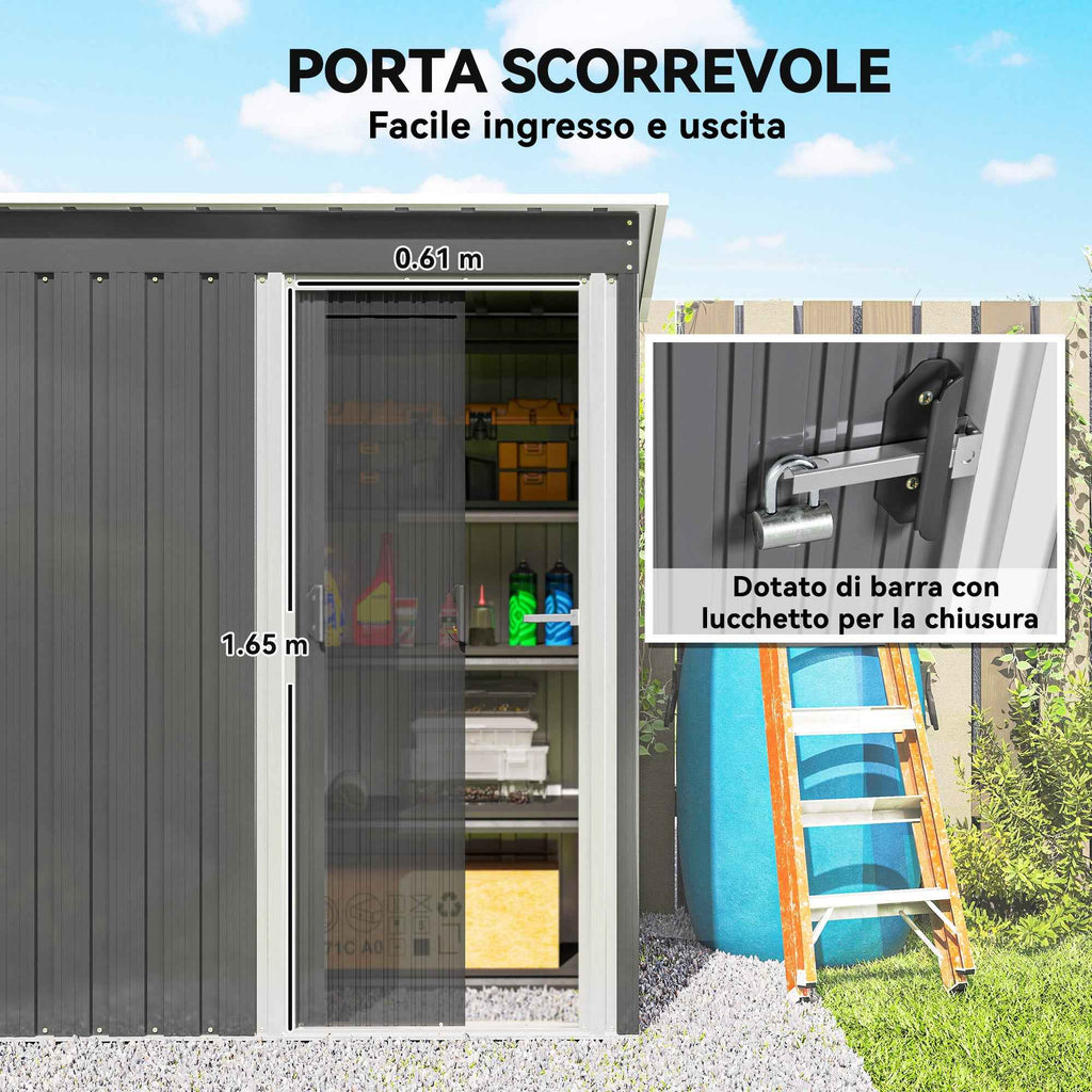 Outsunny Tool Shed with Sloped Roof and Sliding Door, Steel and PP, 163x89x182 cm, Light Grey