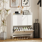 Slim Shoe Rack with 2 Flap Drawers and Adjustable Shelves, Made of Wood and Metal, 80x24x101 cm, White