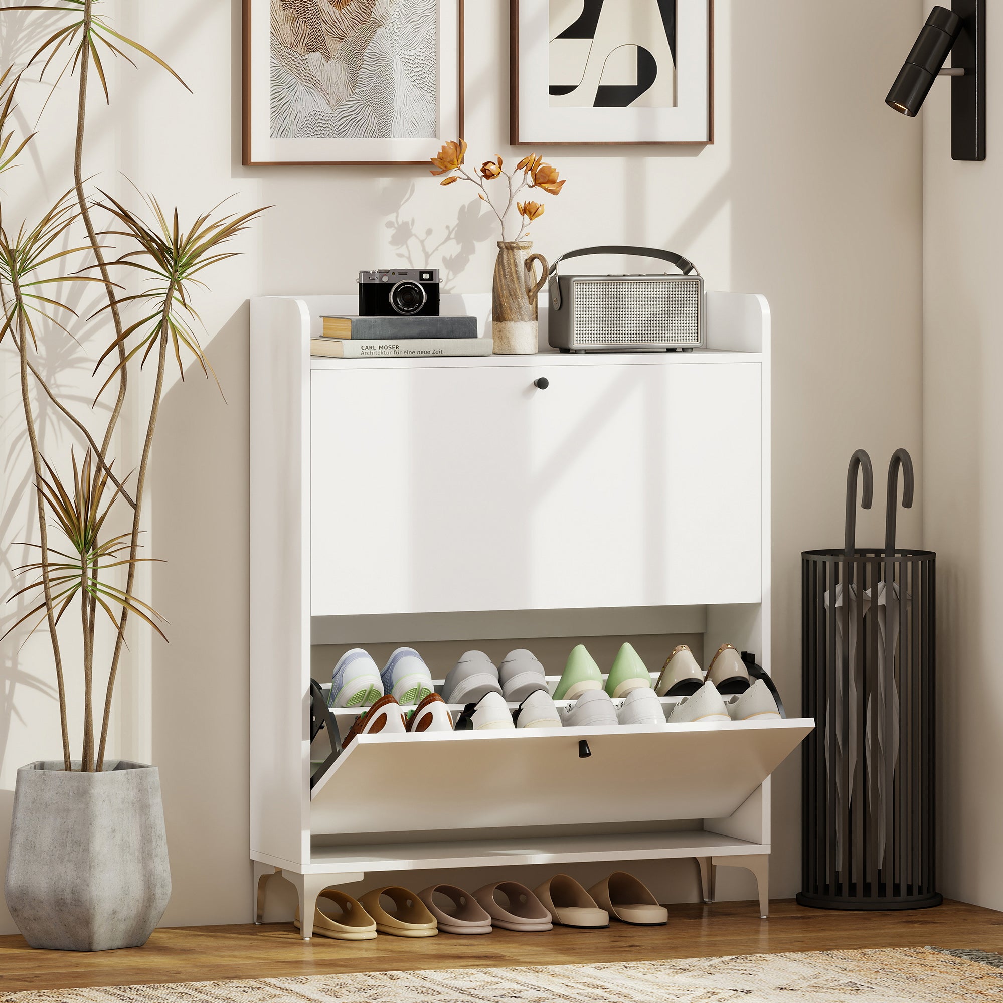 Slim Shoe Rack with 2 Flap Drawers and Adjustable Shelves, Made of Wood and Metal, 80x24x101 cm, White
