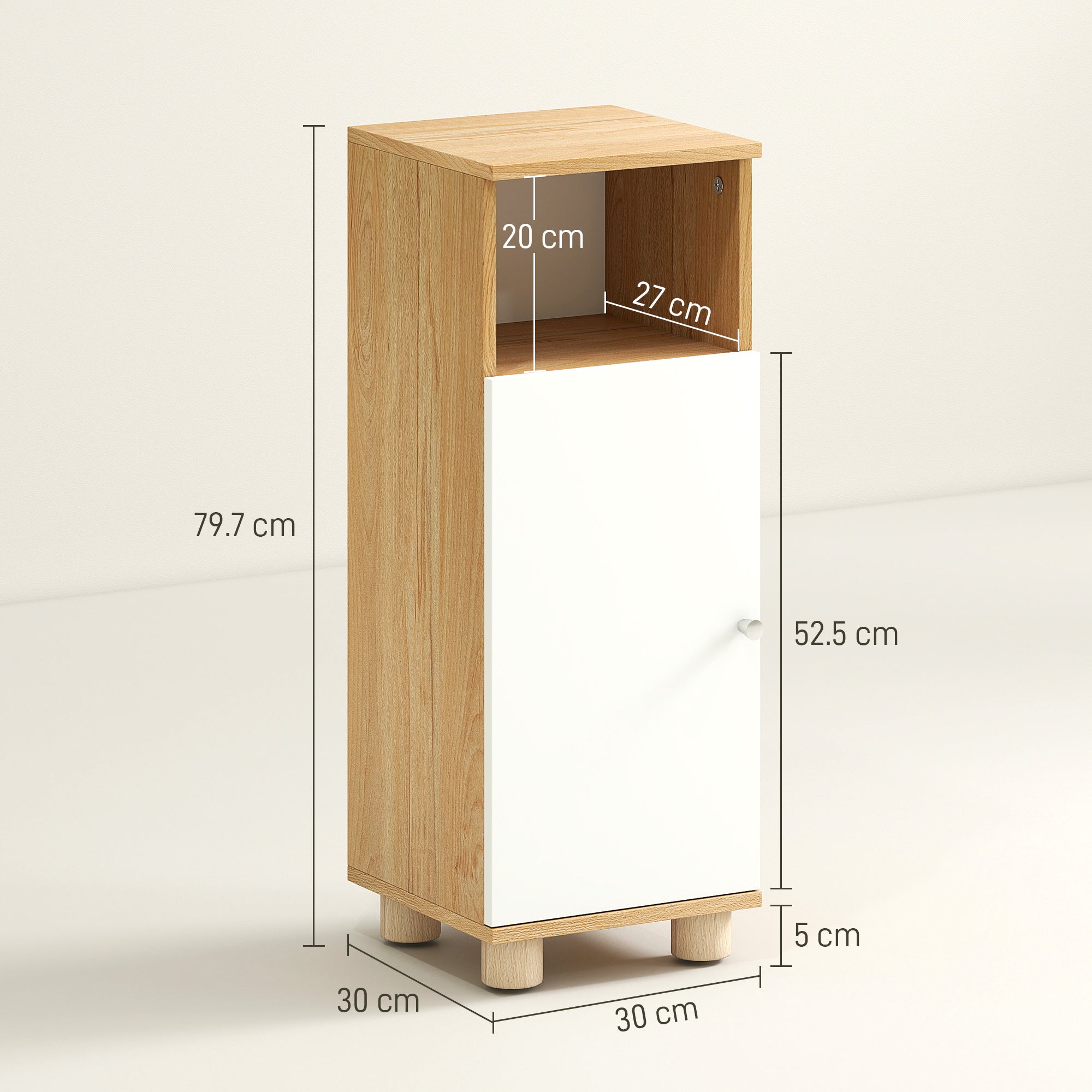 Space-Saving Bathroom Cabinet with 2 Shelves and Open Compartment, 30x30x79.7 cm, White and Wood