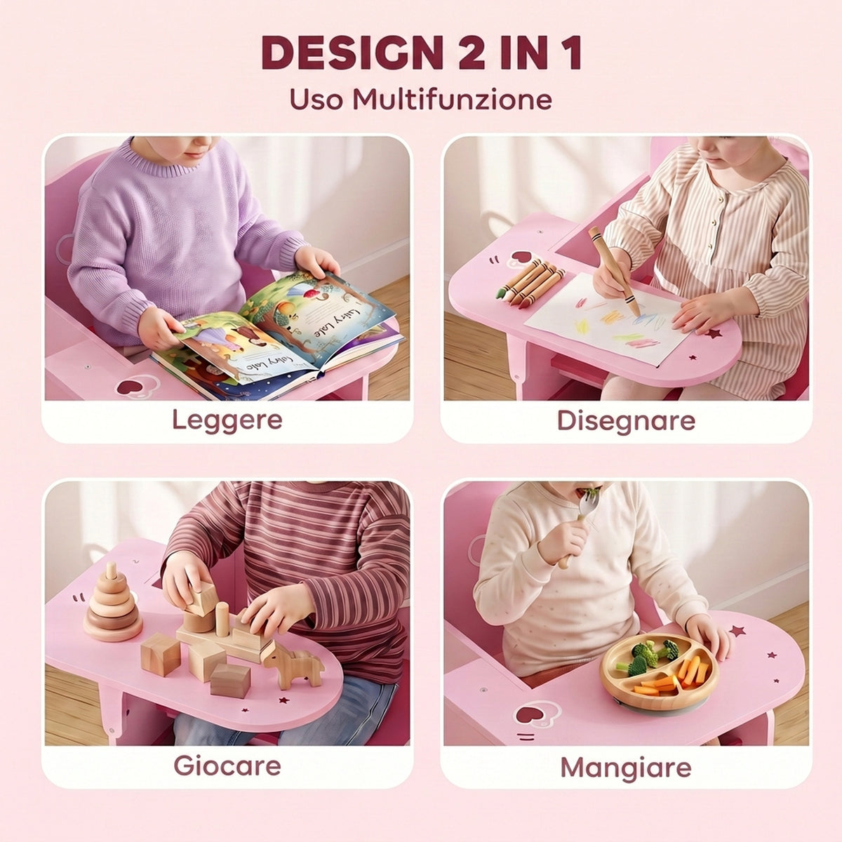 AIYAPLAY Children's Table and Chair Set for 3-5 Years Old in MDF Wood with Heart Patterns, Integrated Storage, Pink