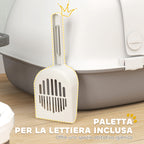 Closed Cat Litter Box with Cat Flap and Scoop, in PP, 58x46x39 cm, Light Gray and White