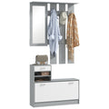 TWENTY | Coat Stand 3 in 1 with Shoe Rack and Mirror, Hooks and Drawers, in Wood, 90x10x102 cm, White and Grey