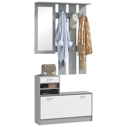 TWENTY | Coat Stand 3 in 1 with Shoe Rack and Mirror, Hooks and Drawers, in Wood, 90x10x102 cm, White and Grey