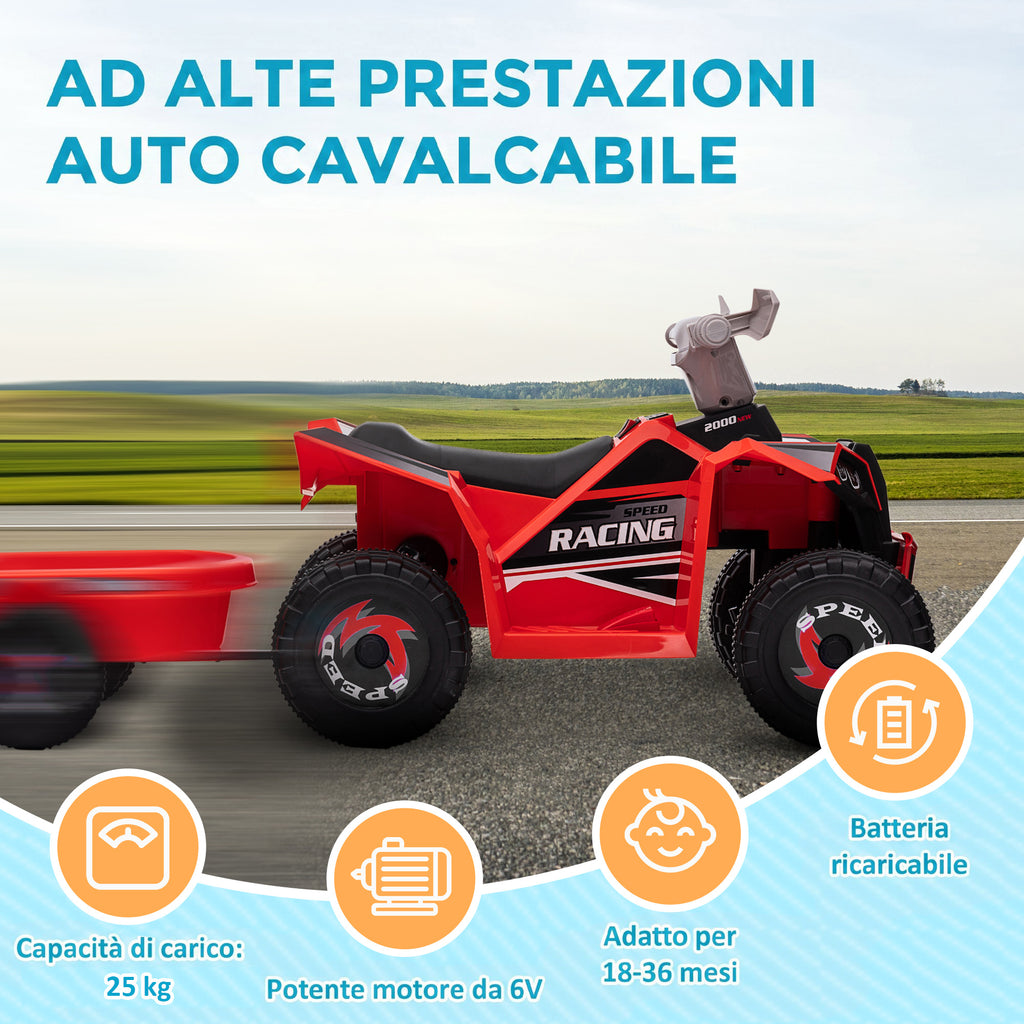 HOMCOM Electric Quad Bike for Kids with Trailer, Pedal, Forward and Reverse Gears, 2.5 km/h, for 18-36 Months, Red