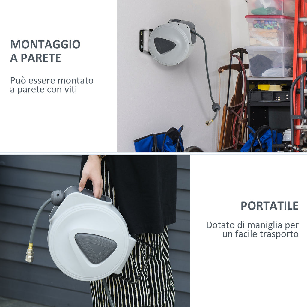 DURHAND Automatic Hose Reel with 1/4'' Connection, Max Pressure 24 Bar, Wall Mounted and 180° Rotatable, Grey