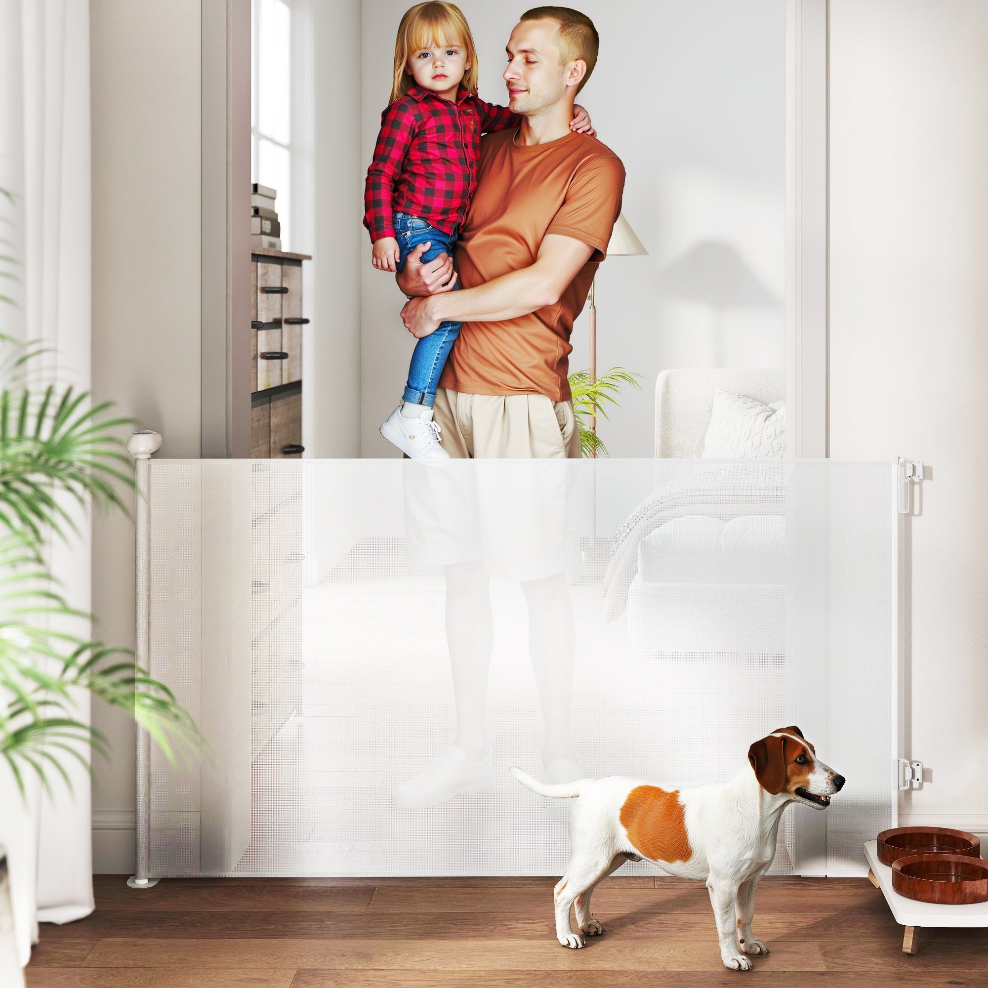 Gate for Small Dogs Extendable 0-140x86.5 cm and Retractable with Automatic Lock, White