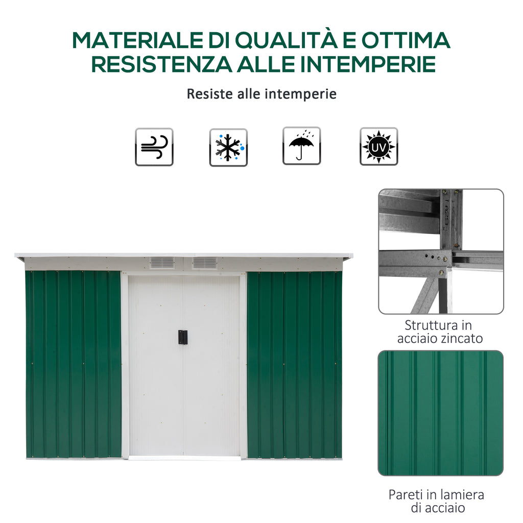 Steel Sheet Garden Tool Shed with Sliding Doors, 280x130x172cm, Dark Green