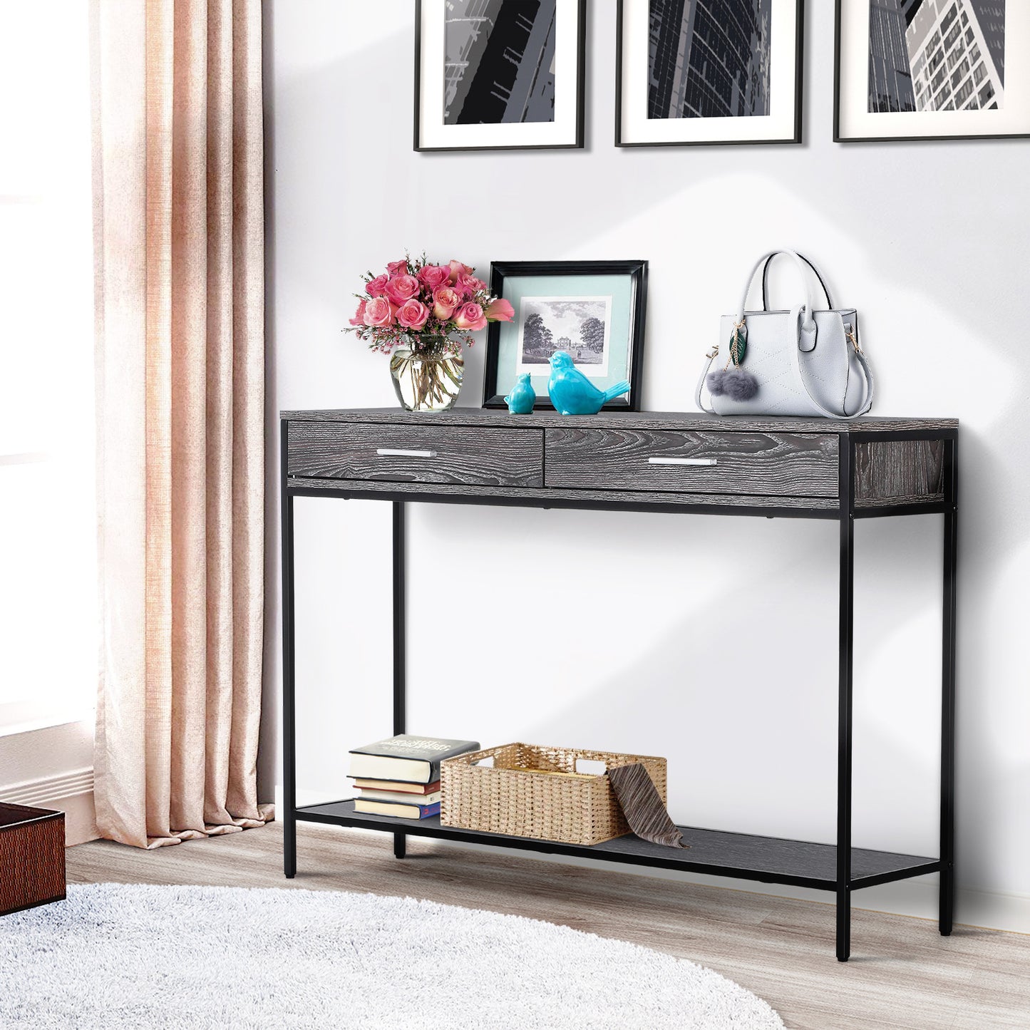 Industrial Style Wood and Steel Entryway Console Table with 2 Drawers, 120x30x81.5cm, Grey