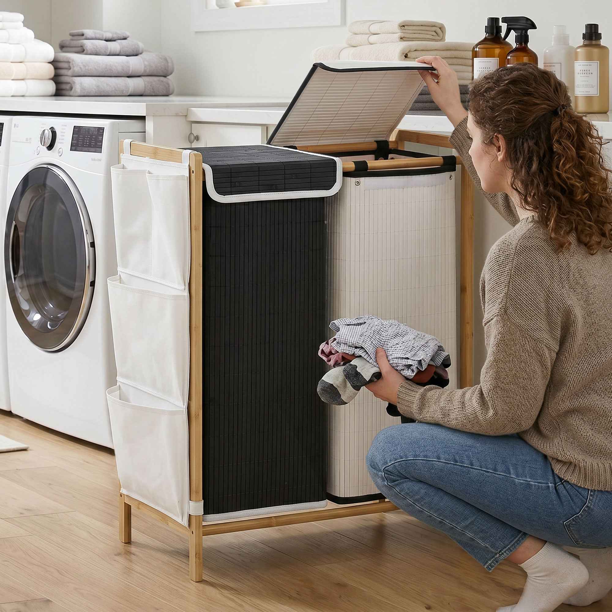 HOMCOM 120L 2-Compartment Laundry Hamper with Lids, Side Pockets, Removable Bags for Bedroom