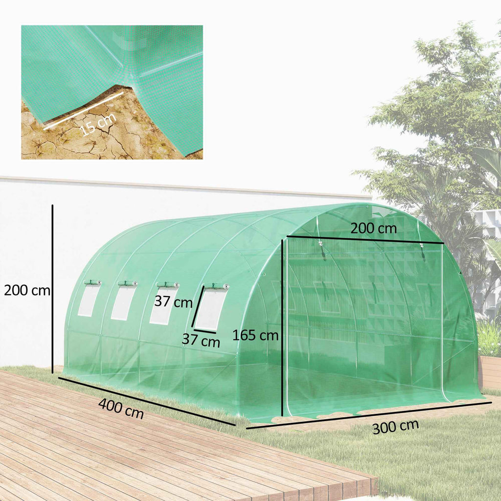 Outsunny PE Greenhouse Cover with 8 Windows, Roll-Up Door and Buried Edges, 4x3x2 m, Green