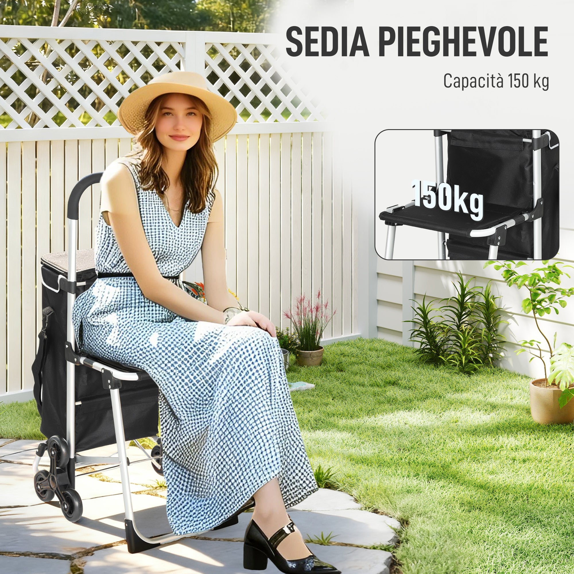 Aluminum Shopping Cart with 40L Waterproof Bag and Seat, 46x59.5x97 cm, Black and Silver