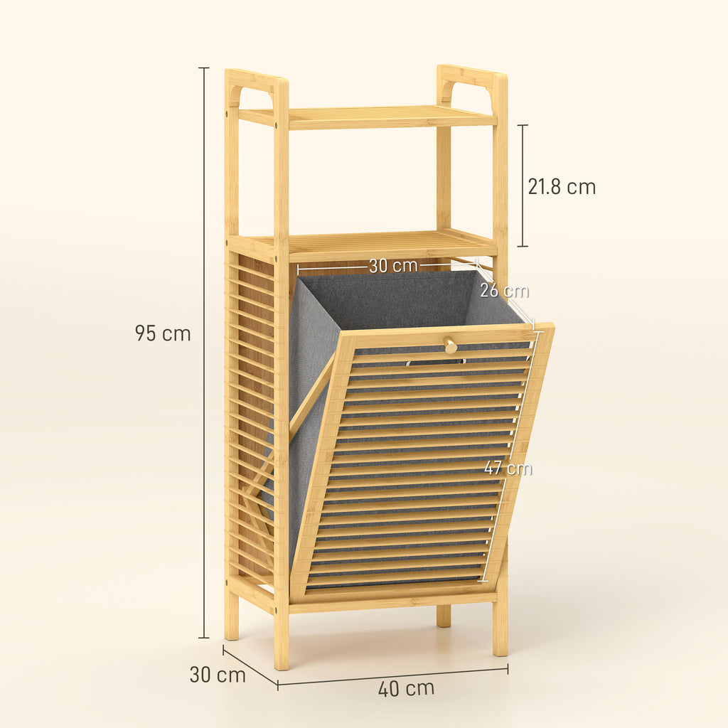 Bamboo and Polyester Bathroom Cabinet with Slatted Base, Laundry Basket and Cabinet, 40x30x95 cm, Grey and Wood