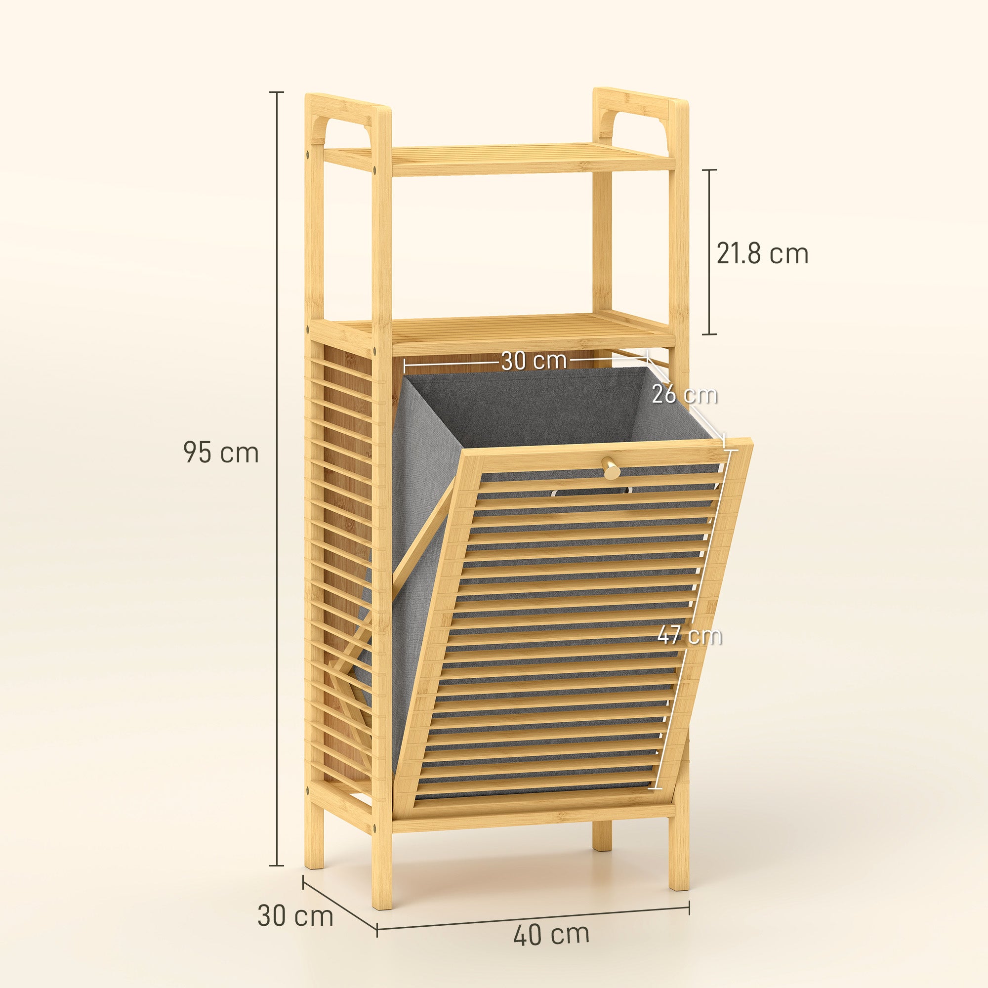 Bamboo and Polyester Bathroom Cabinet with Slatted Base, Laundry Basket and Cabinet, 40x30x95 cm, Grey and Wood