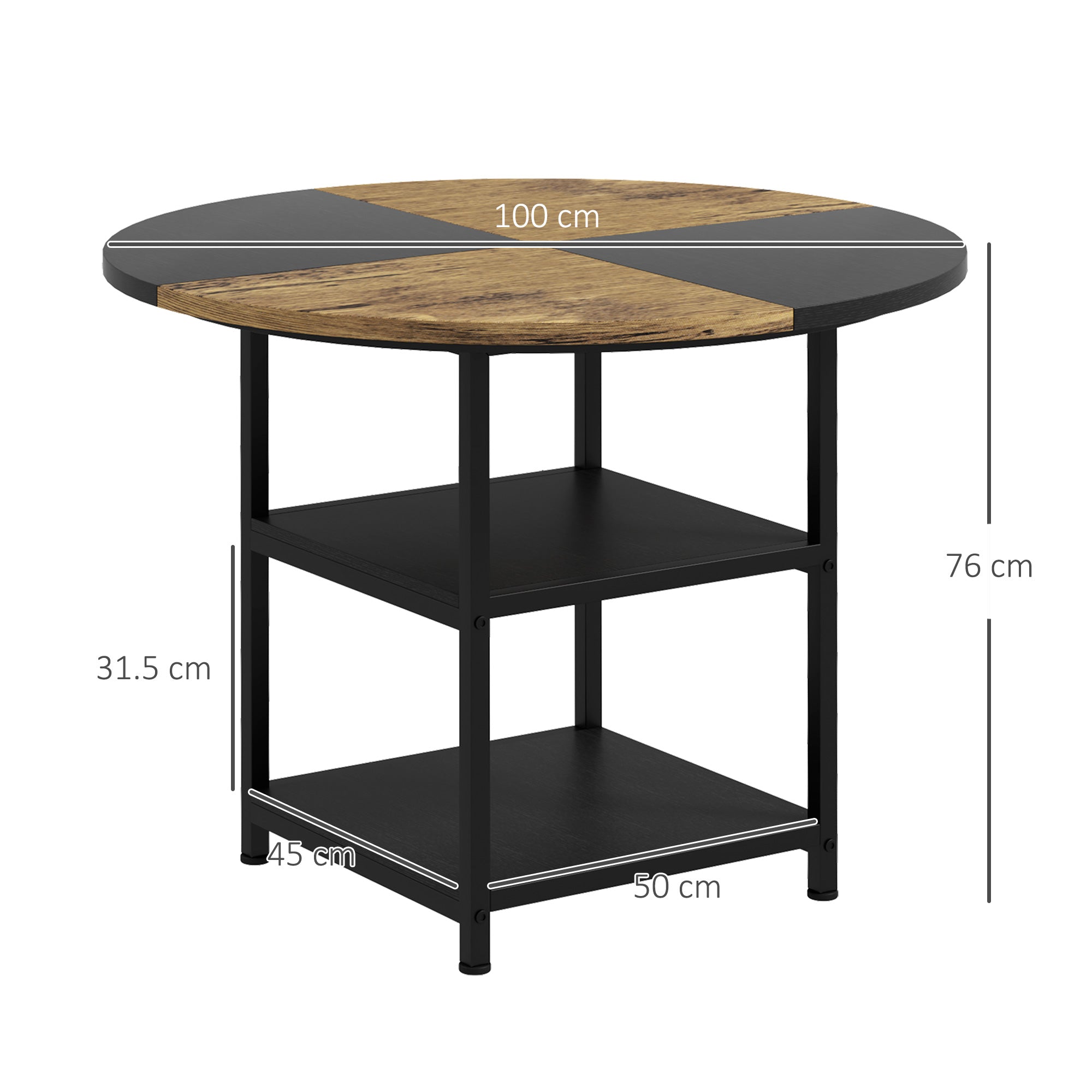 Homcom dining table for 4-6 people with 2 integrated shelves, in steel and mdf, Ø100x76 cm, black and brown - Borgè