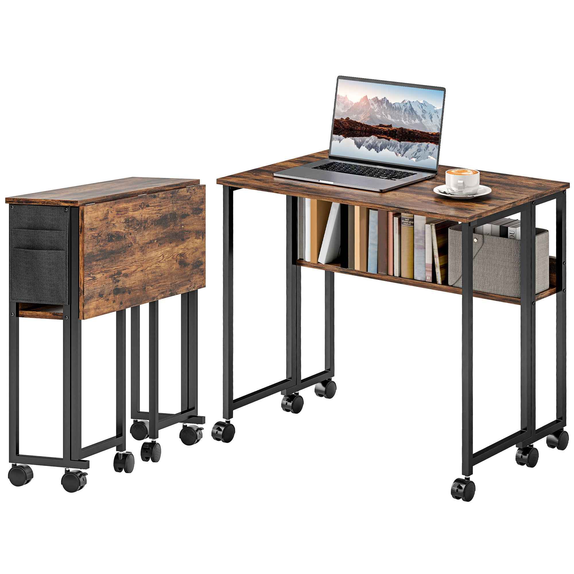 HOMCOM Folding Desk on Wheels 80 x 50 cm with Shelf and Storage Bag, Rustic Brown