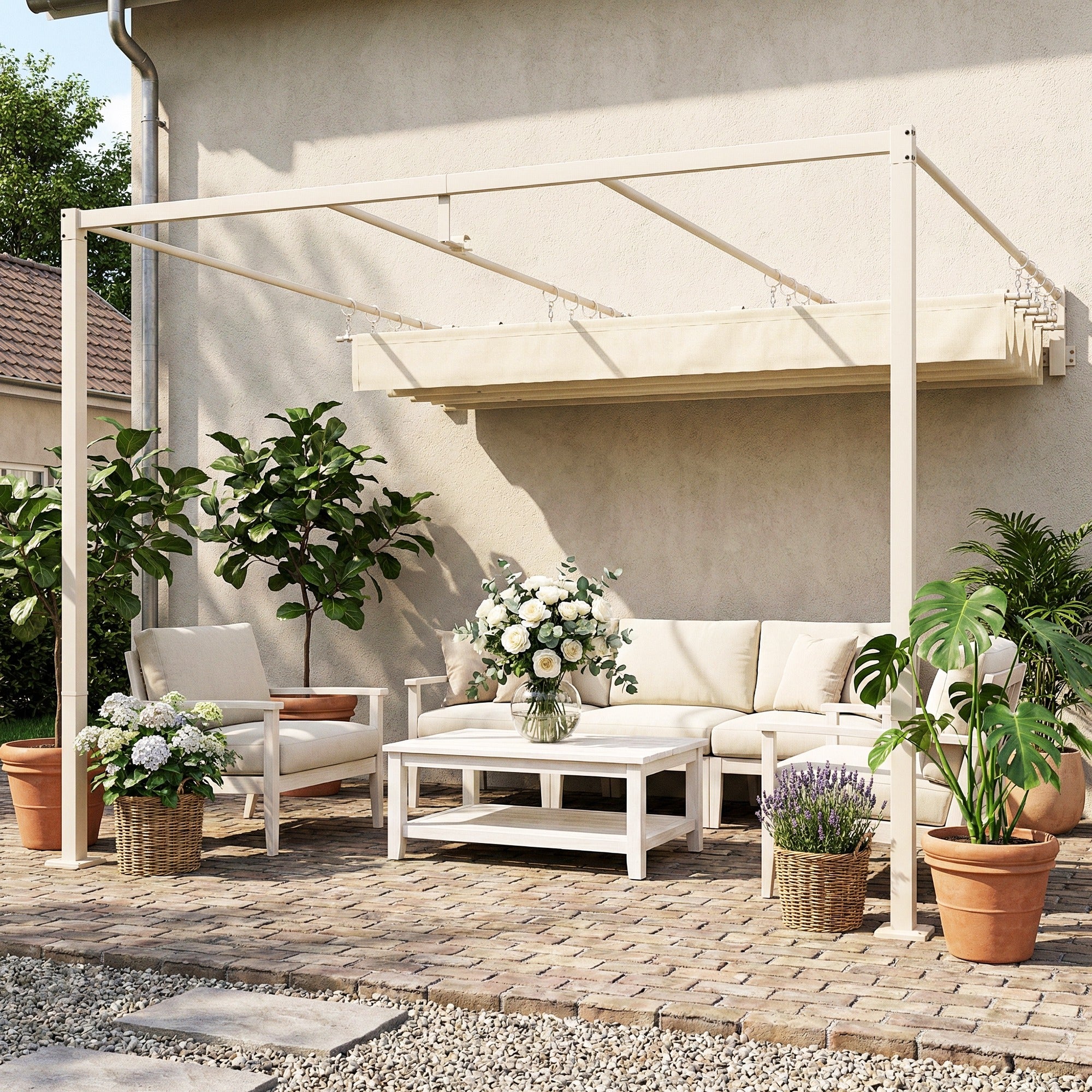Outsunny 3x3m Lean-to Pergola with Retractable Sliding UV30+ Roof and Drainage Holes, Beige