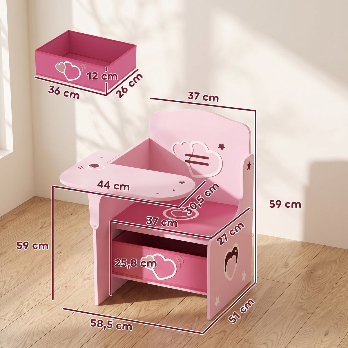 AIYAPLAY Children's Table and Chair Set for 3-5 Years Old in MDF Wood with Heart Patterns, Integrated Storage, Pink