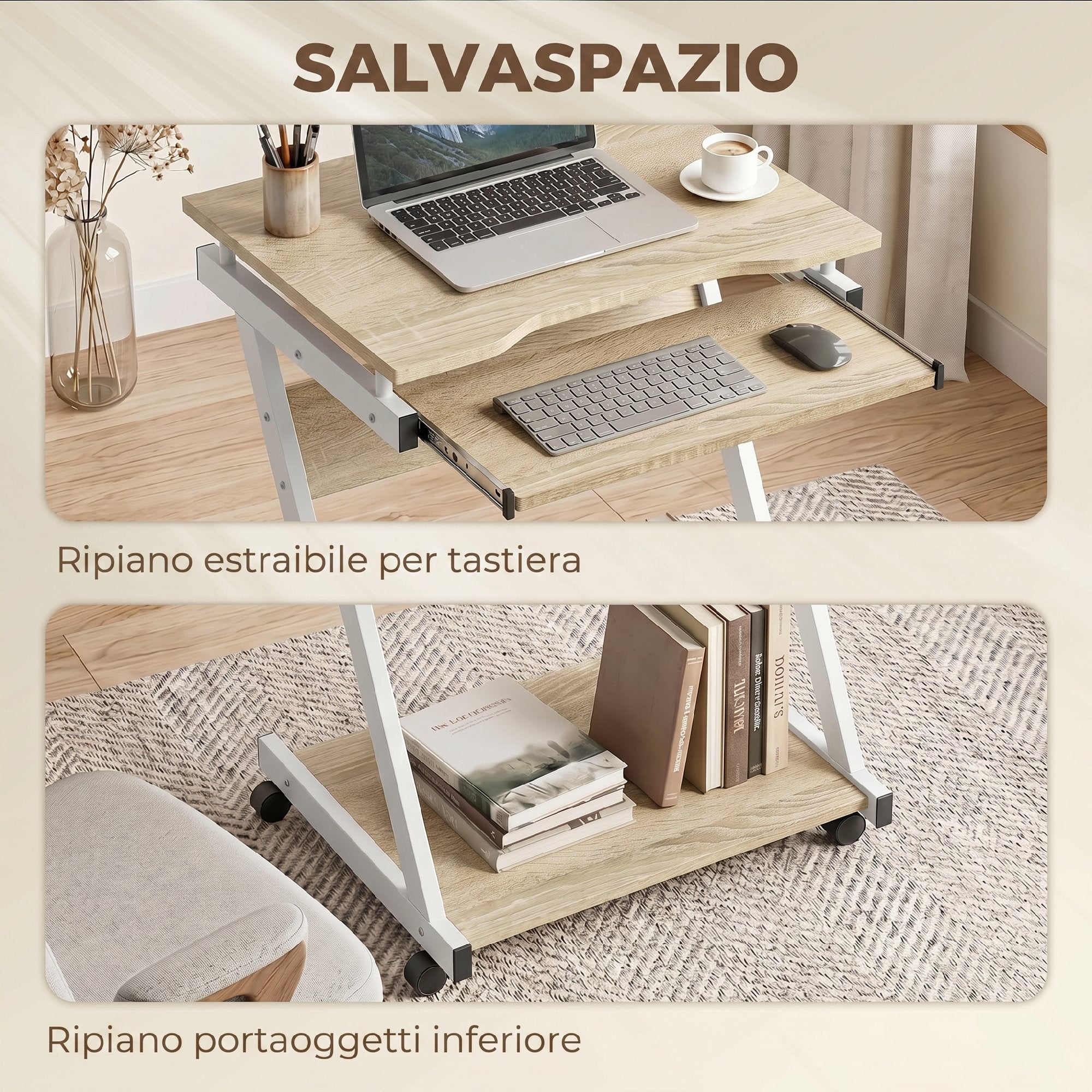 HOMCOM Computer Desk with 4 Wheels, Sliding Keyboard Tray, Oak Color