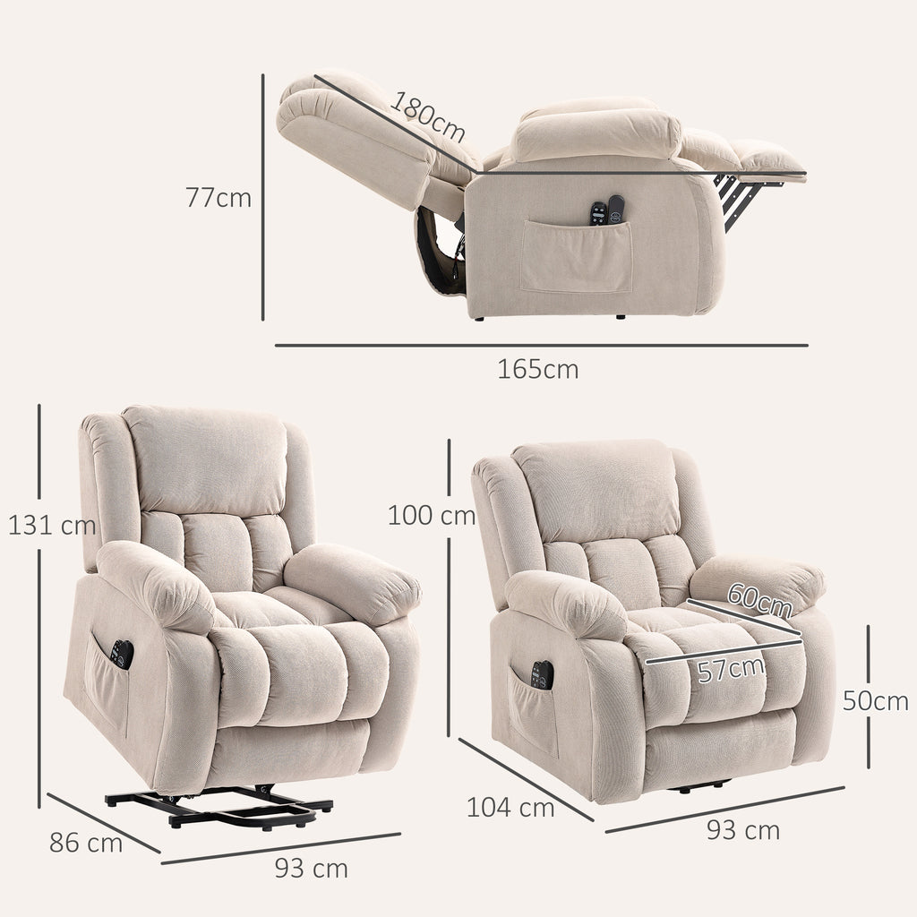Lift Massage Reclining Chair with 2 Pockets and Remote Control, 93x104x105 cm, Beige