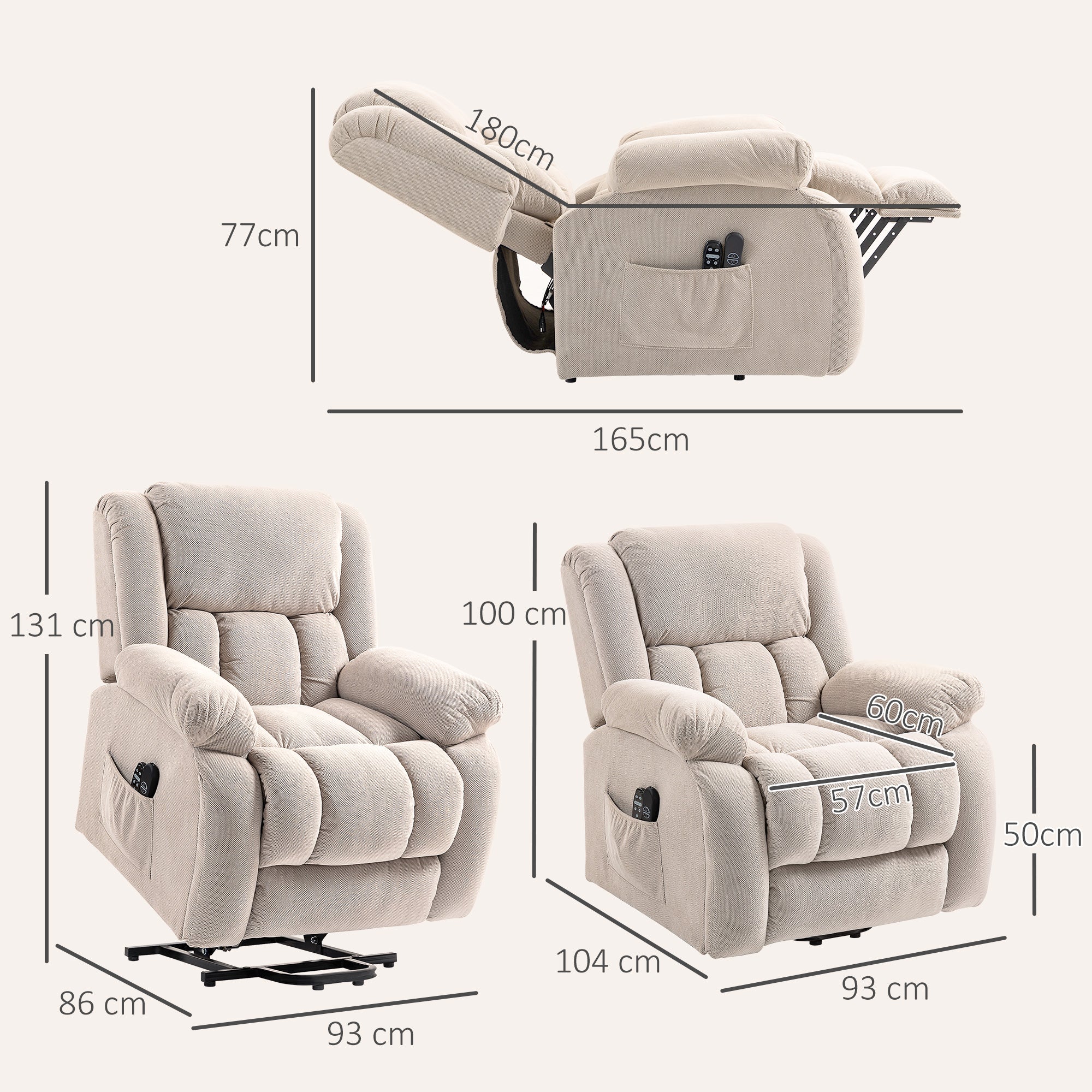 Lift Massage Reclining Chair with 2 Pockets and Remote Control, 93x104x105 cm, Beige