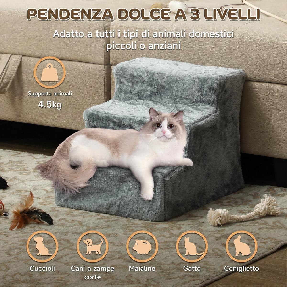 PawHut 3-Step Dog Ladder, 4.5kg Removable and Washable Velvet Step for Dogs and Cats, Light Grey